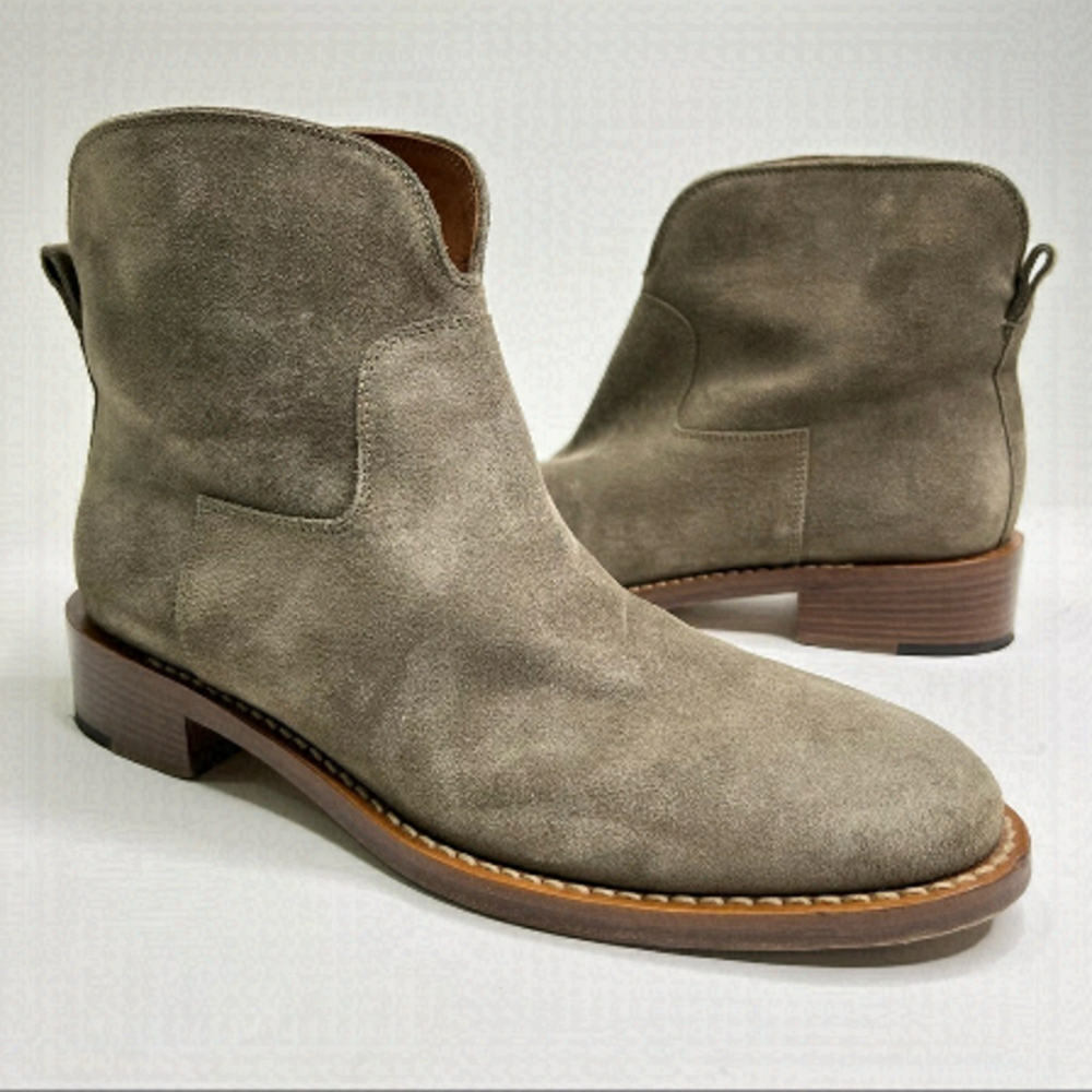 𝅺VIA SPIGA Baxter Suede Smokey Grey Green Almond Toe Leather Ankle Western Boot